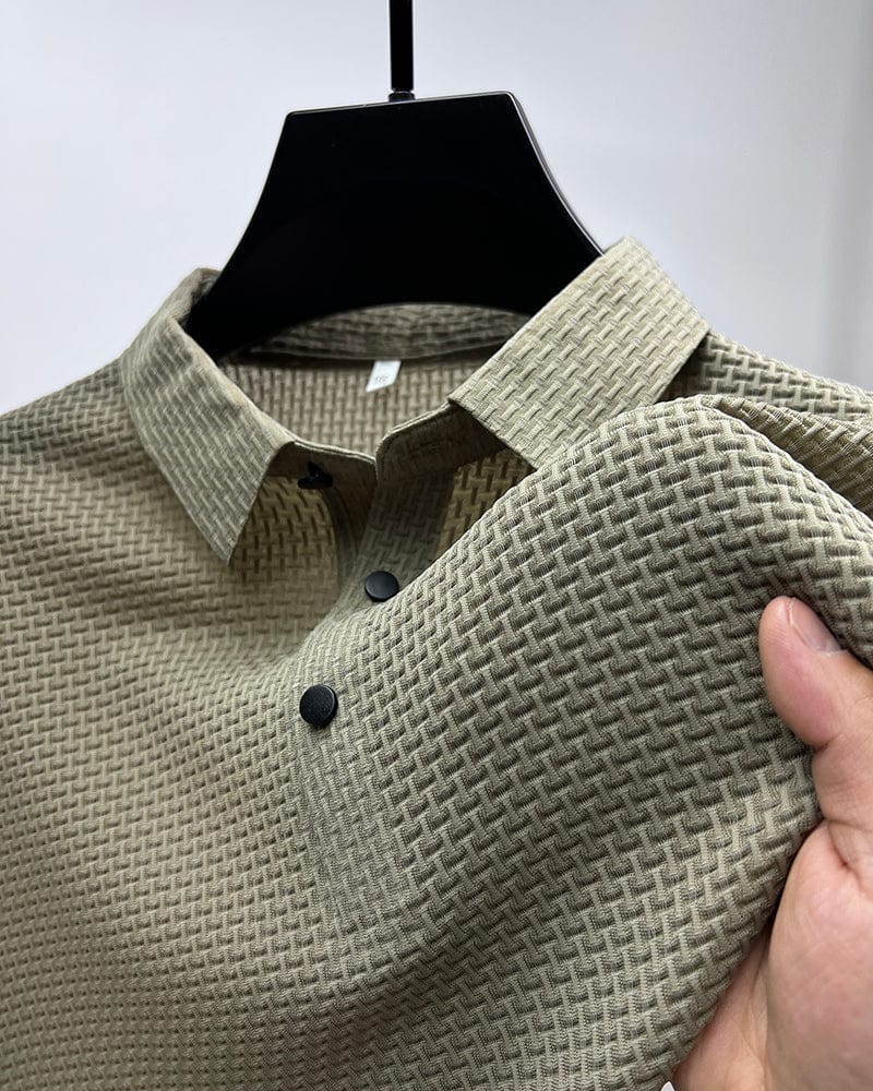 Elegant Textured Knit Polo Shirt for Women with Spread Collar Long Sleeve Button Placket Relaxed Style