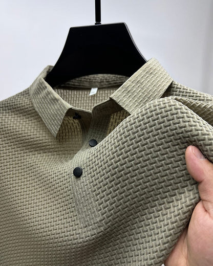Elegant Textured Knit Polo Shirt for Women with Spread Collar Long Sleeve Button Placket Relaxed Style