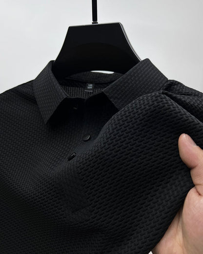 Elegant Textured Knit Polo Shirt for Women with Spread Collar Long Sleeve Button Placket Relaxed Style