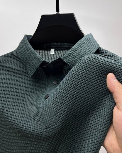 Elegant Textured Knit Polo Shirt for Women with Spread Collar Long Sleeve Button Placket Relaxed Style