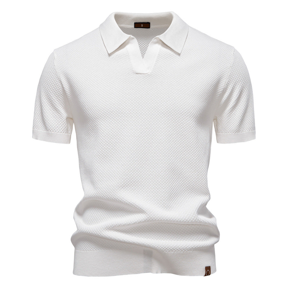 Comfortable Textured Knit Polo Shirt for Women with V Neck Short Sleeve Ribbed Fitted Casual Style