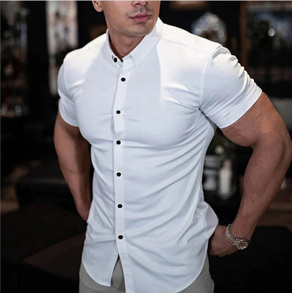 Effortless Stretch Button Up Shirt for Women with Point Collar Short Sleeve Slim Fit Casual Style