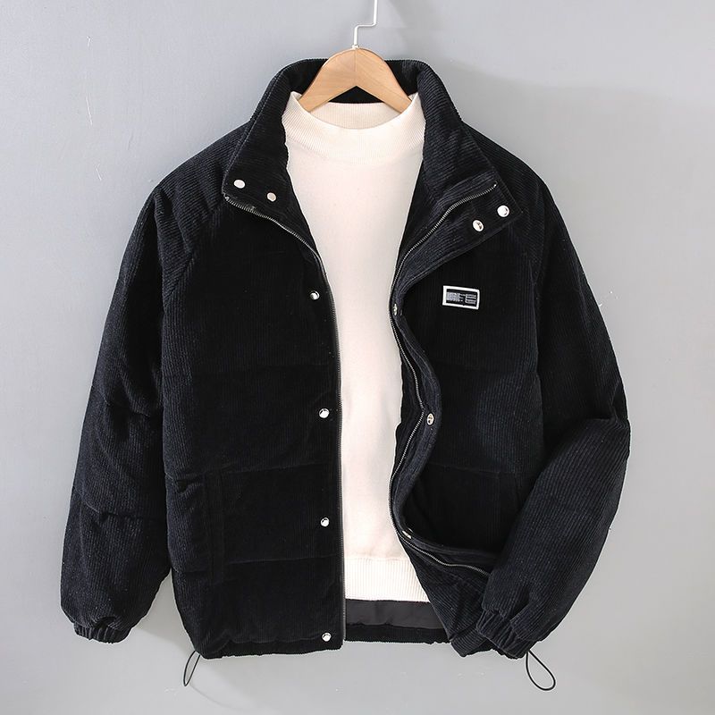 Comfortable Corduroy Puffer Jacket for Women with Stand Collar Long Sleeve Snap Button Quilted Casual Style