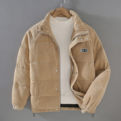 Comfortable Corduroy Puffer Jacket for Women with Stand Collar Long Sleeve Snap Button Quilted Casual Style