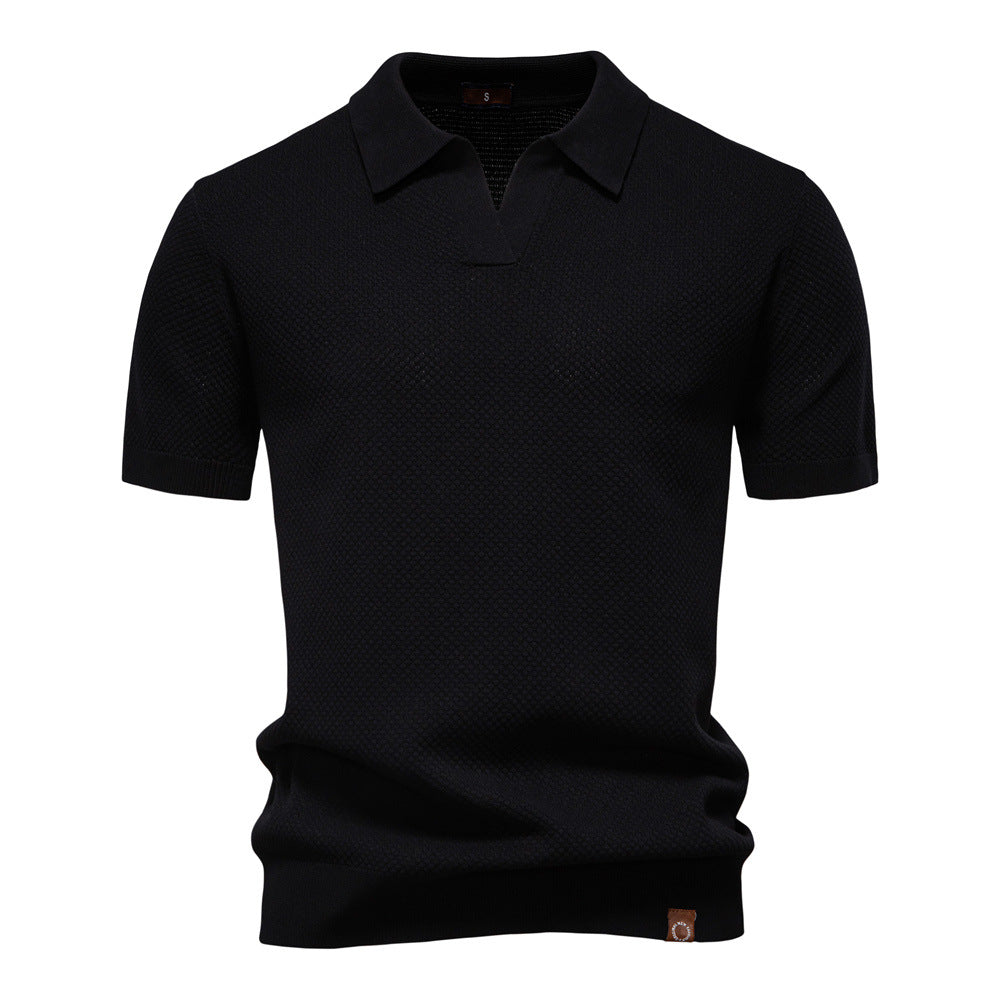 Comfortable Textured Knit Polo Shirt for Women with V Neck Short Sleeve Ribbed Fitted Casual Style