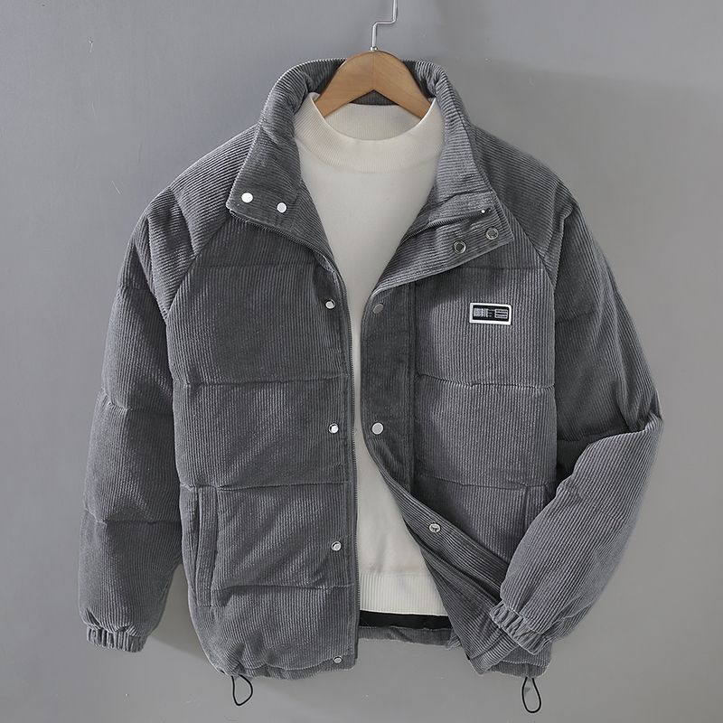 Comfortable Corduroy Puffer Jacket for Women with Stand Collar Long Sleeve Snap Button Quilted Casual Style