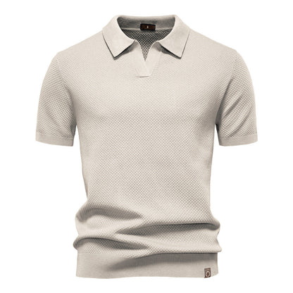Comfortable Textured Knit Polo Shirt for Women with V Neck Short Sleeve Ribbed Fitted Casual Style