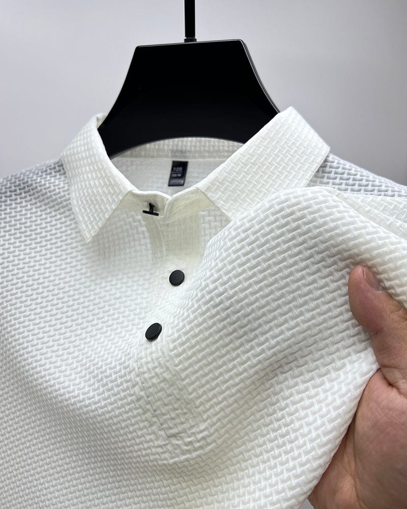 Elegant Textured Knit Polo Shirt for Women with Spread Collar Long Sleeve Button Placket Relaxed Style