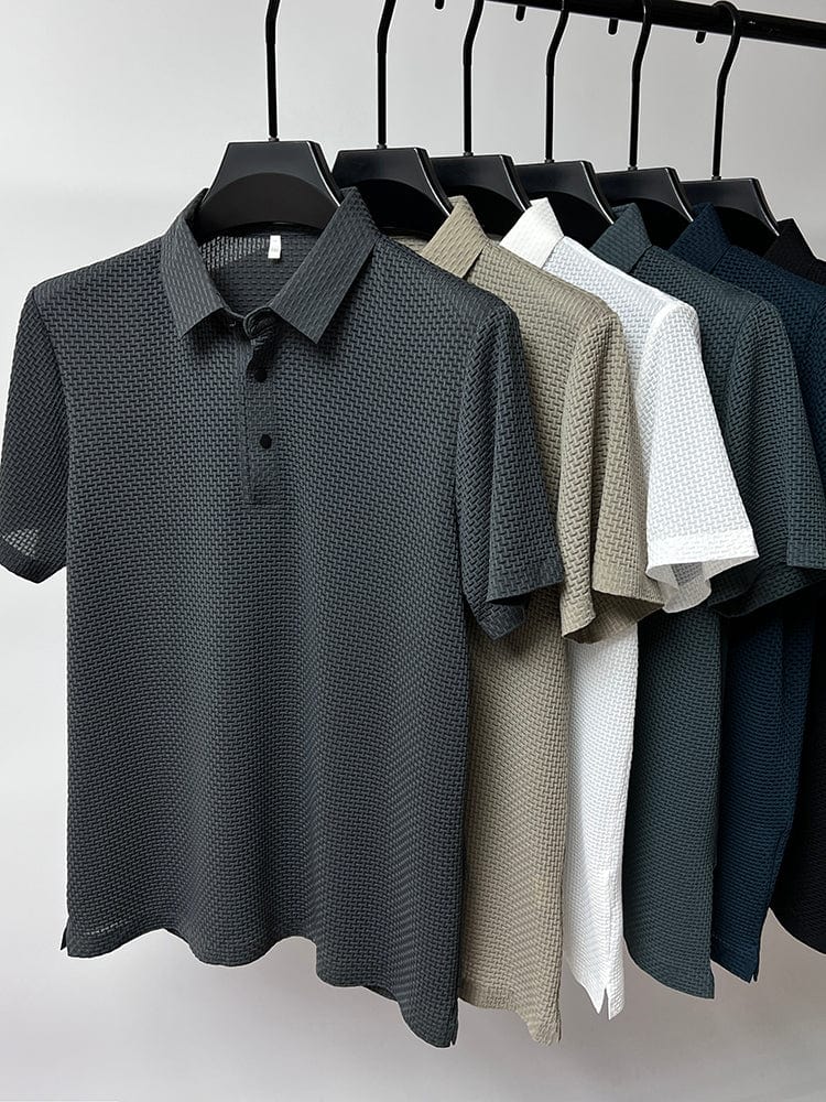 Elegant Textured Knit Polo Shirt for Women with Spread Collar Long Sleeve Button Placket Relaxed Style