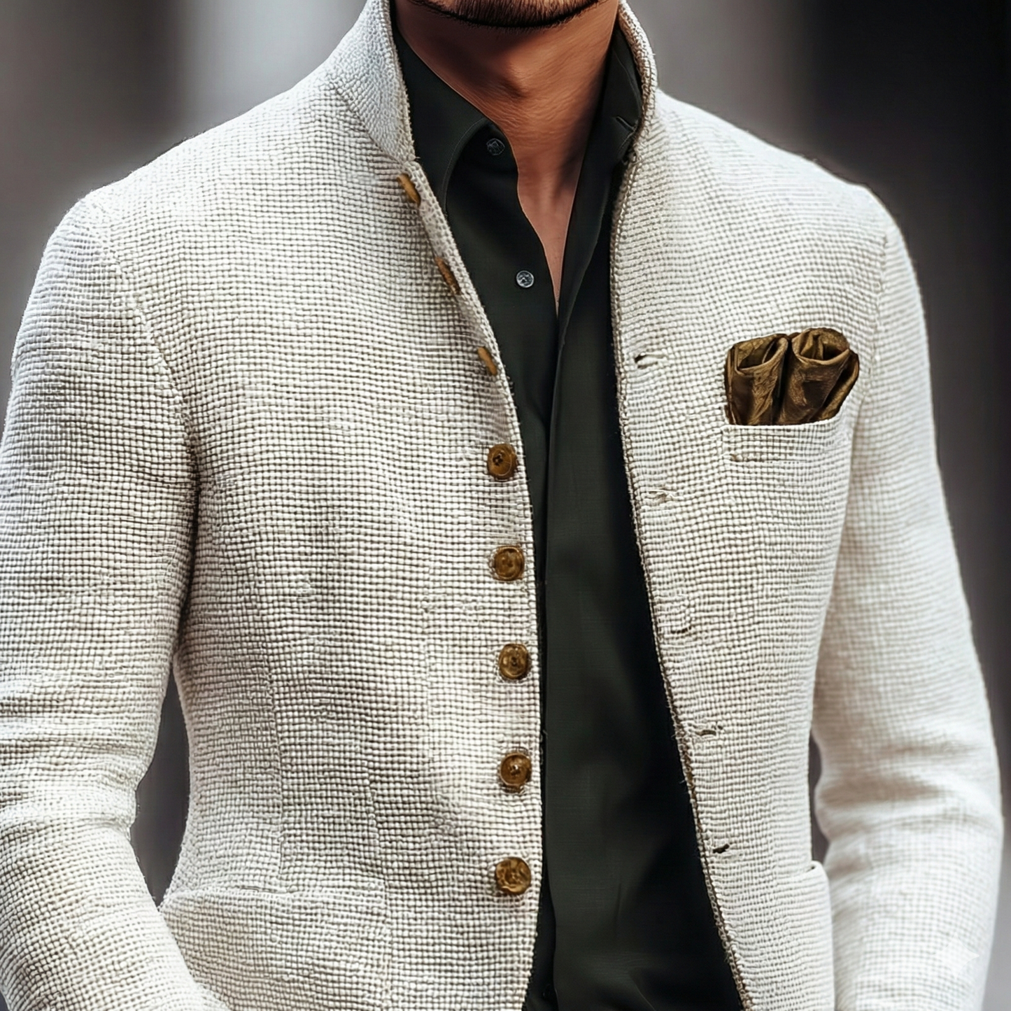 Elegant White Textured Blazer Jacket for Women with Stand Collar Long Sleeve Button Front Tailored Style