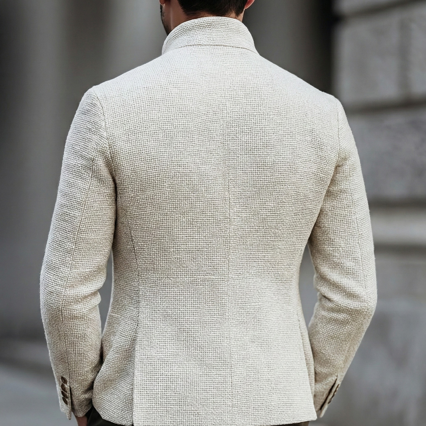 Elegant White Textured Blazer Jacket for Women with Stand Collar Long Sleeve Button Front Tailored Style