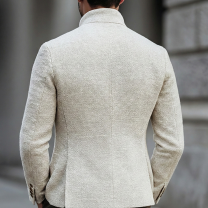 Elegant White Textured Blazer Jacket for Women with Stand Collar Long Sleeve Button Front Tailored Style