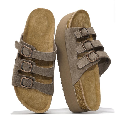 Comfortable Platform Sandals for Women with Triple Buckle Strap Cork Footbed Slide Style