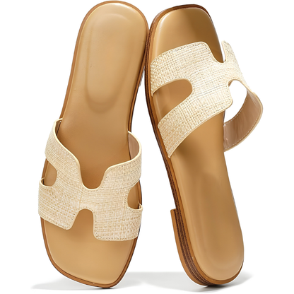 Comfortable Leather Sandals for Women with Cutout Strap Square Toe Flat Slide Style