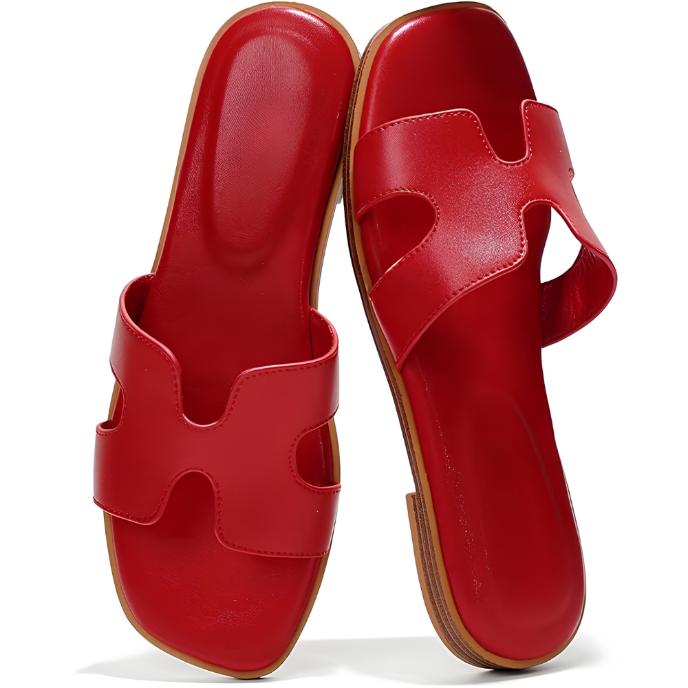 Comfortable Leather Sandals for Women with Cutout Strap Square Toe Flat Slide Style
