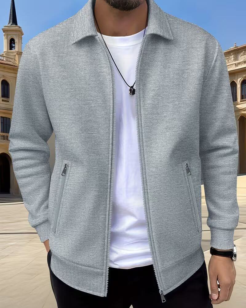 Effortless Textured Knit Jacket for Women with Shirt Collar Long Sleeve Zip Front Relaxed Casual Style