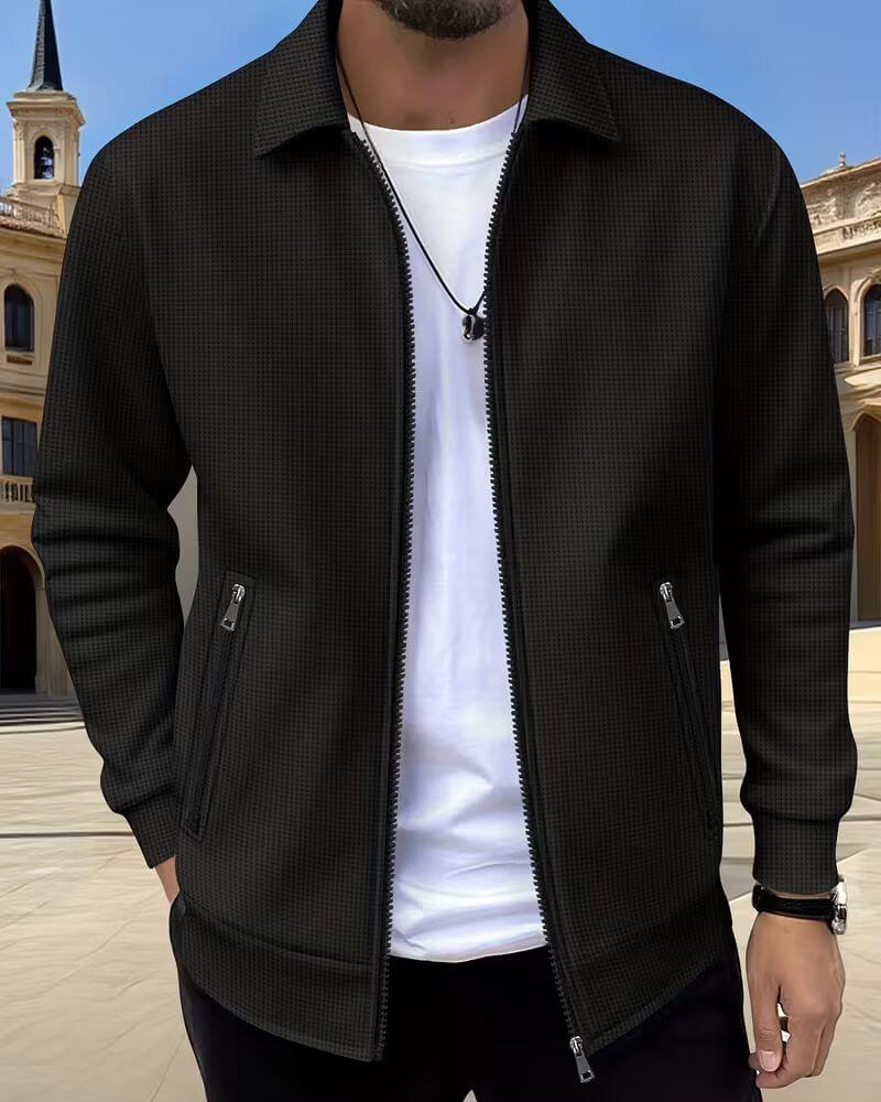 Effortless Textured Knit Jacket for Women with Shirt Collar Long Sleeve Zip Front Relaxed Casual Style