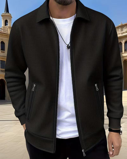 Effortless Textured Knit Jacket for Women with Shirt Collar Long Sleeve Zip Front Relaxed Casual Style