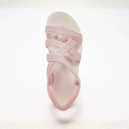 Comfortable Sandals for Women with Multi Strap Woven Upper Cushioned Flat Sole Slip On Style