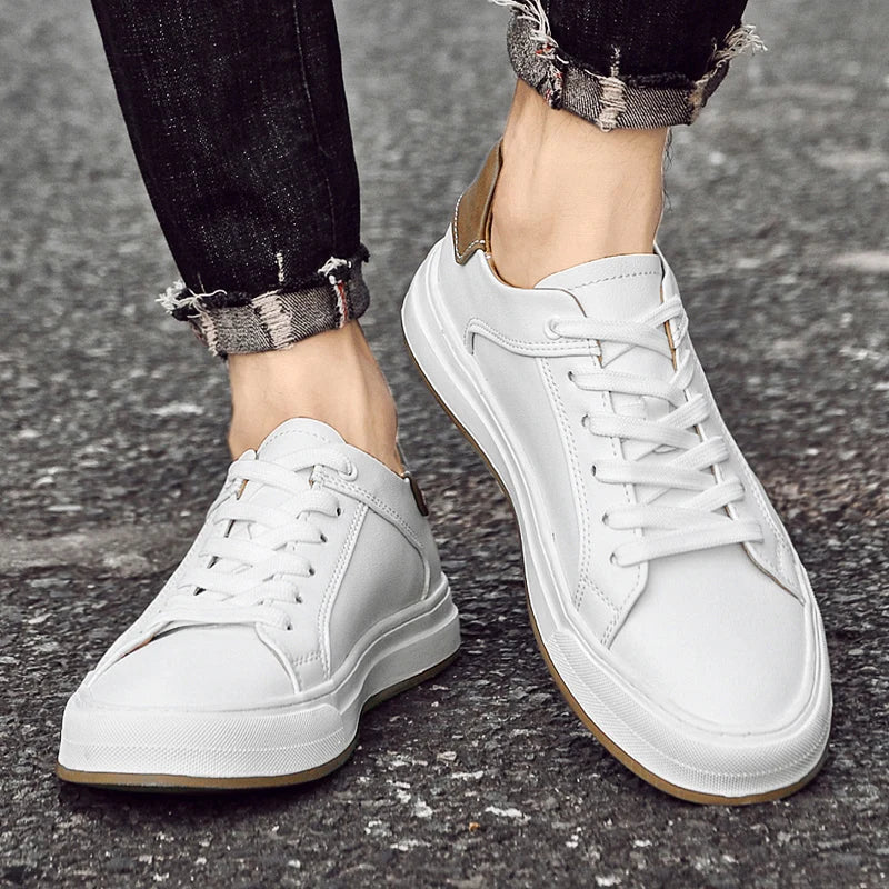 Stylish Leather Fashion Sneaker for Women with Lace Up Round Toe Contrast Heel Casual Style