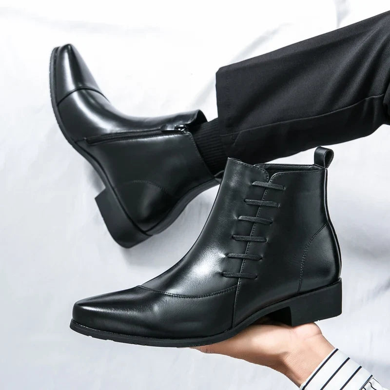 Elegant Leather Ankle Boots for Women with Pointed Toe Lace Up Side Zip Detail Style