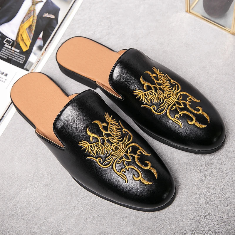 Stylish Embroidered Dragon Leather Mule for Women with Backless Slip On Round Toe Casual Style