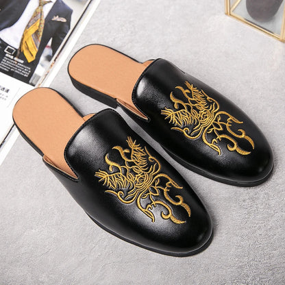 Stylish Embroidered Dragon Leather Mule for Women with Backless Slip On Round Toe Casual Style