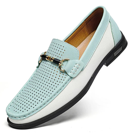 Effortless Perforated Leather Loafers for Women with Horsebit Buckle Slip On Colorblock Casual Style