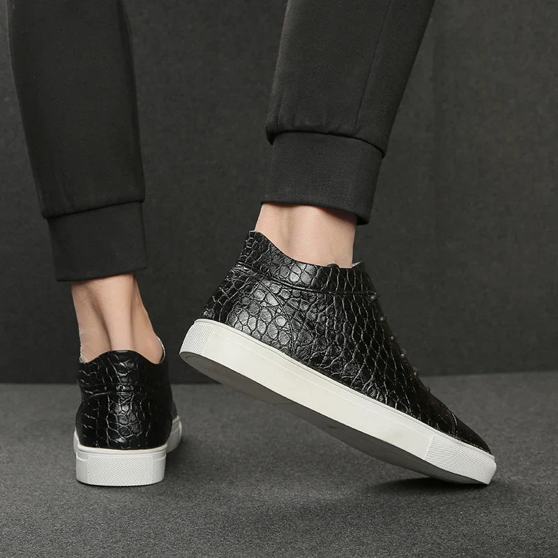 Stylish Crocodile Embossed Leather High Top Sneakers for Women with Lace Up Round Toe Relaxed Casual Style
