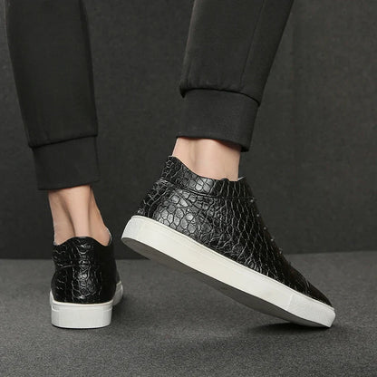 Stylish Crocodile Embossed Leather High Top Sneakers for Women with Lace Up Round Toe Relaxed Casual Style