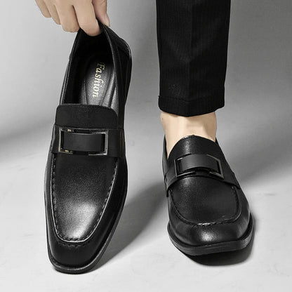 Stylish Leather Loafer for Women with Metal Buckle Square Toe Slip On Casual Style