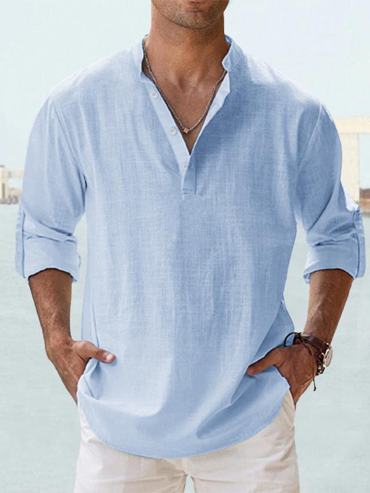 Effortless Linen Shirt for Women with Band Collar Long Sleeve Button Placket Relaxed Style