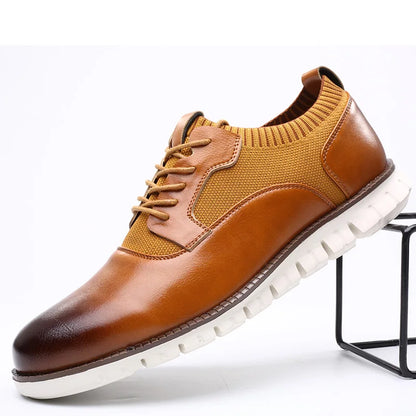 Stylish Leather Sneaker for Women with Round Toe Lace-Up Knit Panel Lug Sole Casual Style
