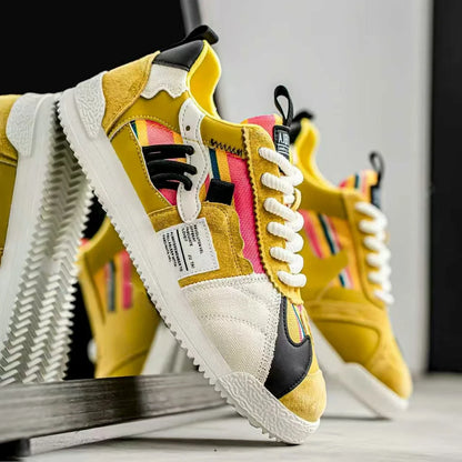 Stylish Colorblock Suede Sneaker for Women with Lace Up Contrast Panel Chunky Sole Retro Style