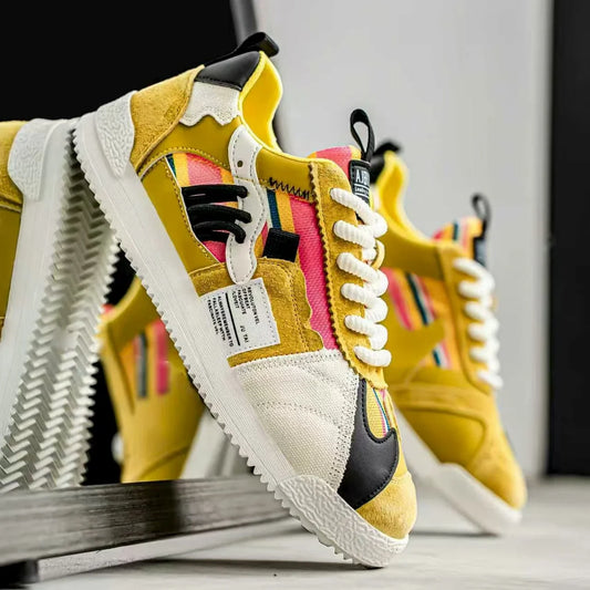Stylish Colorblock Suede Sneaker for Women with Lace Up Contrast Panel Chunky Sole Retro Style