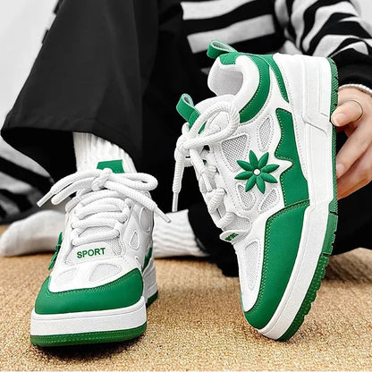 Stylish Mesh Platform Sneaker for Women with Lace Up Floral Applique Chunky Sole Casual Style