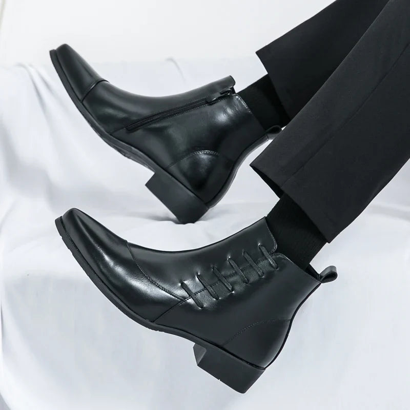 Elegant Leather Ankle Boots for Women with Pointed Toe Lace Up Side Zip Detail Style