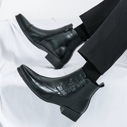 Elegant Leather Ankle Boots for Women with Pointed Toe Lace Up Side Zip Detail Style