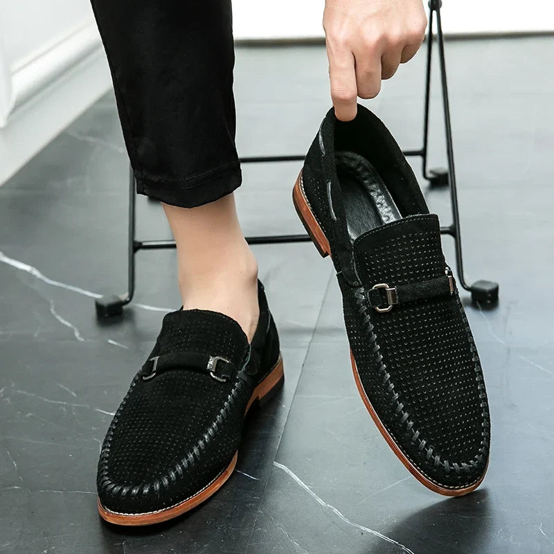 Stylish Perforated Suede Loafer for Women with Horsebit Buckle Moc Toe Slip On Casual Style