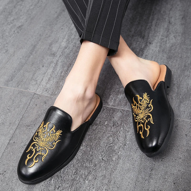 Stylish Embroidered Dragon Leather Mule for Women with Backless Slip On Round Toe Casual Style