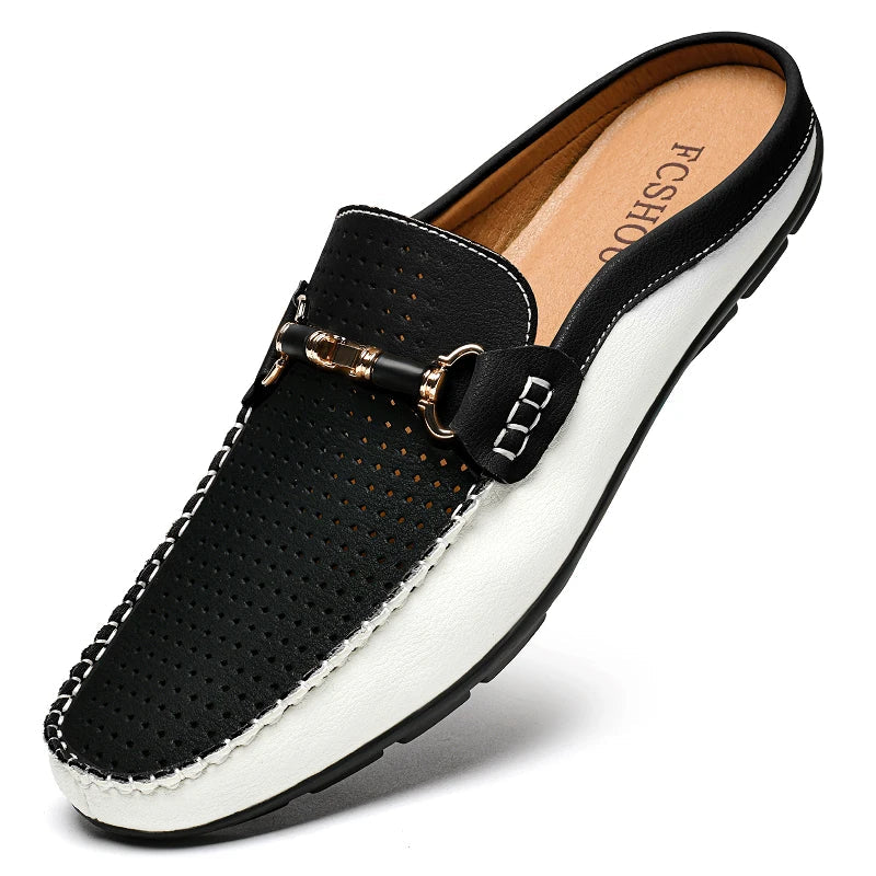 Effortless Perforated Leather Loafer Mule for Women with Horsebit Buckle Contrast Sole Slip-On Casual Style