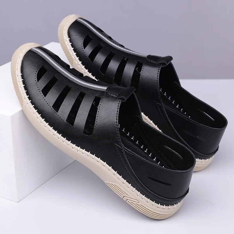 Effortless Leather Fisherman Sandal for Women with Cutout Side Slip On Stitched Sole Casual Style