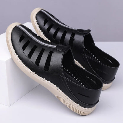 Effortless Leather Fisherman Sandal for Women with Cutout Side Slip On Stitched Sole Casual Style