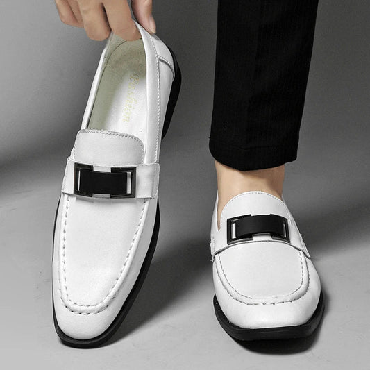 Stylish Leather Loafer for Women with Metal Buckle Square Toe Slip On Casual Style