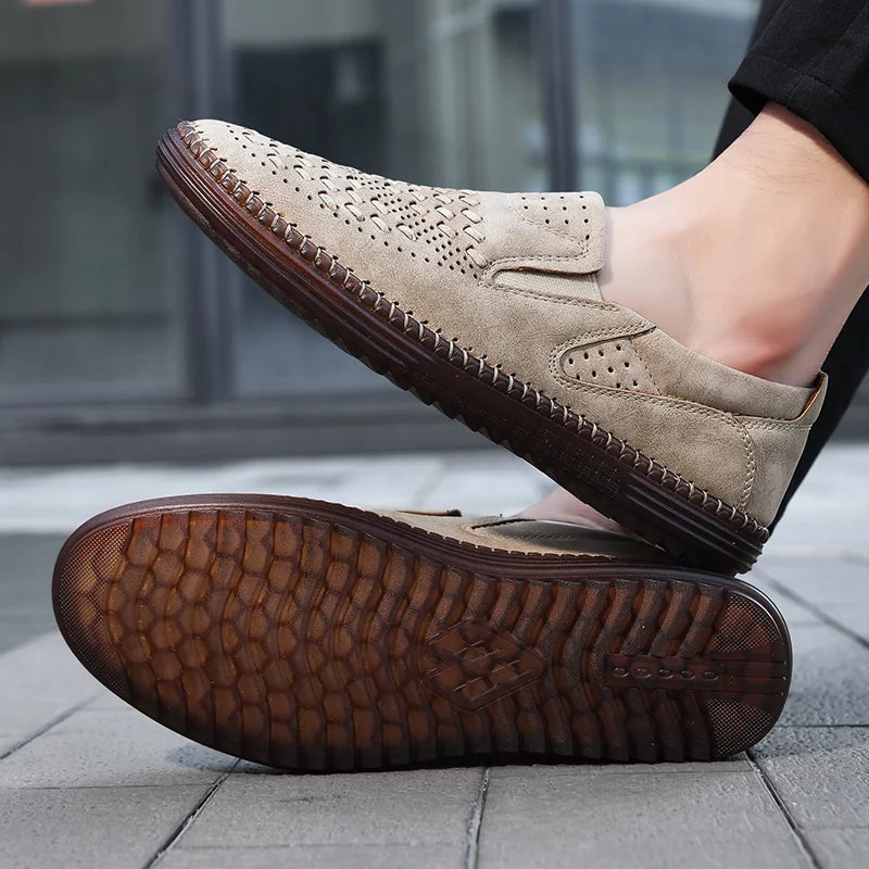 Comfortable Woven Leather Loafers for Women with Slip On Round Toe Perforated Casual Style