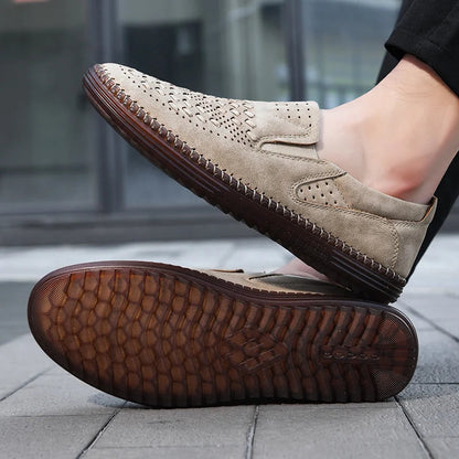 Comfortable Woven Leather Loafers for Women with Slip On Round Toe Perforated Casual Style