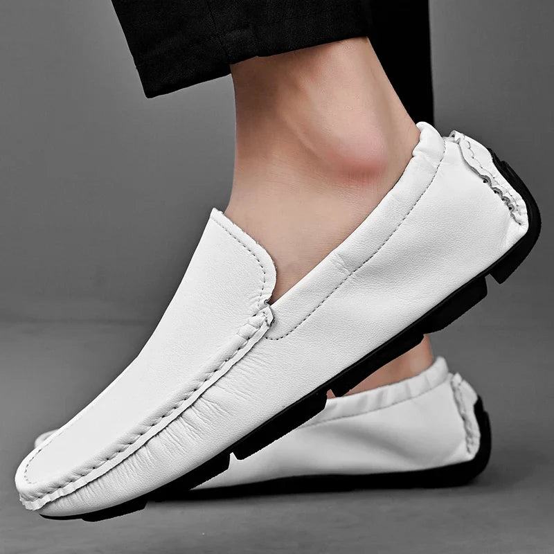 Comfortable Leather Driving Loafers for Women with Round Toe Slip On Ruched Casual Style