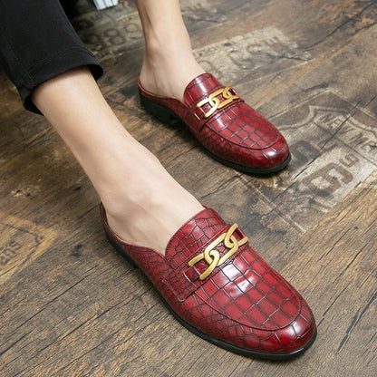 Elegant Croc Embossed Leather Mule Loafer for Women with Chain Buckle Square Toe Slip On Casual Style