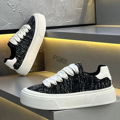 Stylish Tweed Platform Sneaker for Women with Round Toe Lace Up Chunky Sole Casual Style