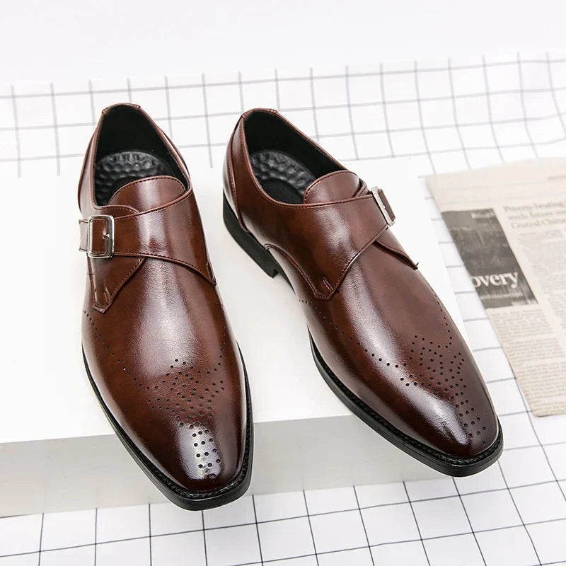 Stylish Leather Monk Strap Dress Shoe for Women with Pointed Toe Brogue Detail Buckle Closure Style